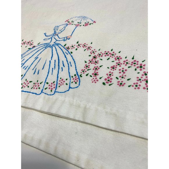 Vintage Handmade Pillowcase 1 Cloth Fabric Painted Lady Umbrella Pink Blue - Picture 3 of 6